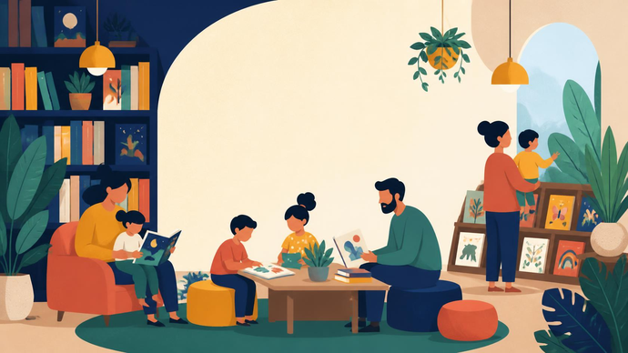 People reading and looking at books and artwork in a cosy, plant-filled library with bookshelves and large windows.
