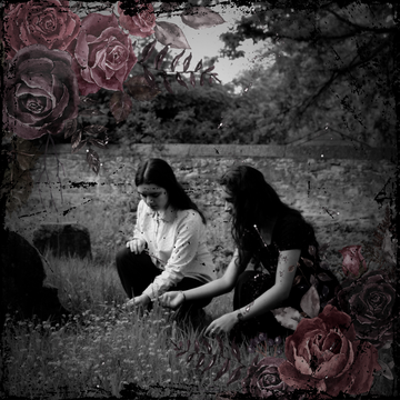 Two girls quietly gather flowers in a peaceful cemetery, surrounded by dark roses, expressing sadness and remembrance together.