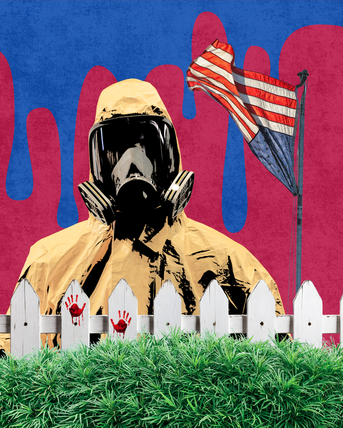 Person in hazmat suit behind a white picket fence with red handprints, U.S. flag on rippling pole, blue and red wavy background.