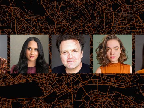 Portraits arranged in a row over an orange map pattern on a black background.