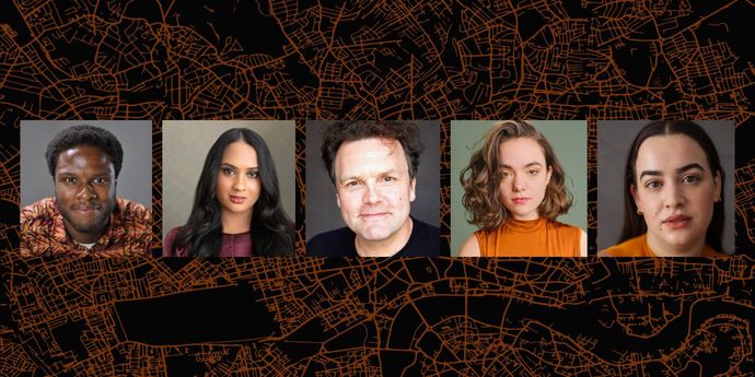 Portraits arranged in a row over an orange map pattern on a black background.