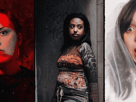 Three people in different costumes and facial expressions, including one in dramatic red lighting, one in a patterned top near a wall, and one with wide eyes and a sheer veil.