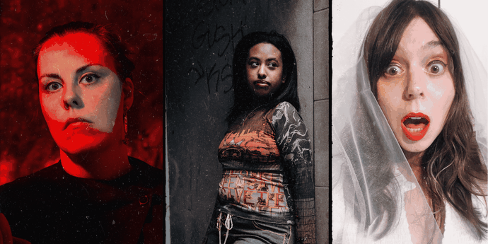 Three people in different costumes and facial expressions, including one in dramatic red lighting, one in a patterned top near a wall, and one with wide eyes and a sheer veil.