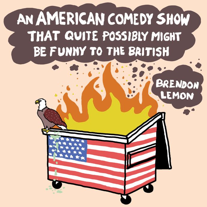 Garbage bin covered with the american flag with fire coming out and an eagle sat on the edge