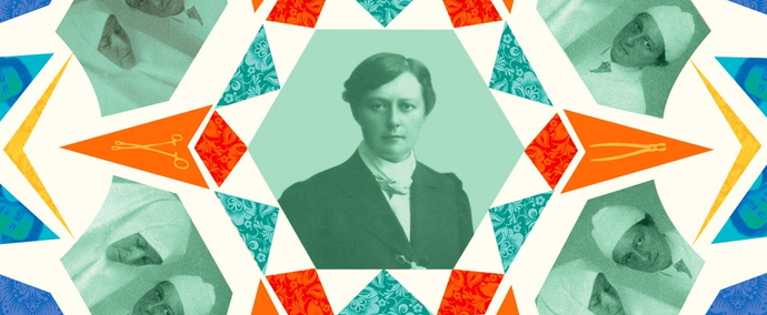 Vintage portraits with mirrored faces surrounded by coloured diamond cut shapes