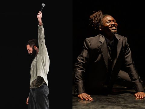 two photos side by side. one shows person wearing grey jumper lifting microphone in the air, the other shows a person with braids on top of head smiling while on floor on hands and knee