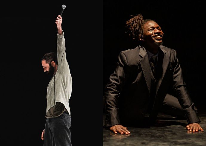 two photos side by side. one shows person wearing grey jumper lifting microphone in the air, the other shows a person with braids on top of head smiling while on floor on hands and knee