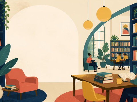 Person reading a book at a table with stacked books and a mug in a library with bookshelves, armchairs and large plants.