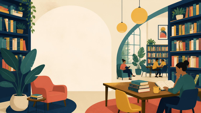 Person reading a book at a table with stacked books and a mug in a library with bookshelves, armchairs and large plants.