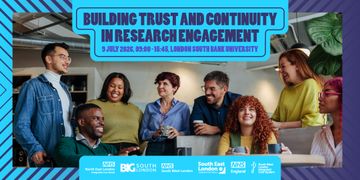 Poster shows diverse group networking, promoting research engagement event with date, time, and London university location details.
