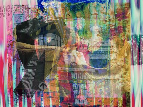 Artistic image with fabric overlaying collage of photos and other images