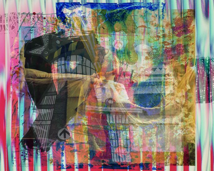 Artistic image with fabric overlaying collage of photos and other images