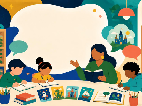 An adult reading a book to three children who are drawing and writing at a round table in a colourful library setting.