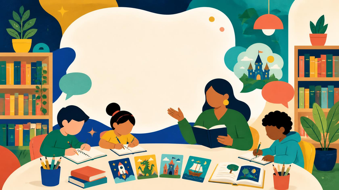 An adult reading a book to three children who are drawing and writing at a round table in a colourful library setting.