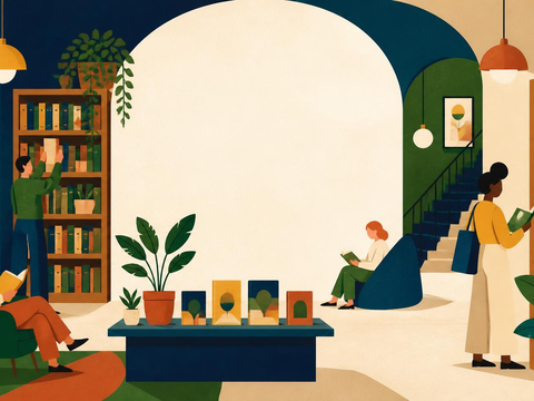 Several people read books and browse shelves in a bright, plant-filled library with books and artwork visible.