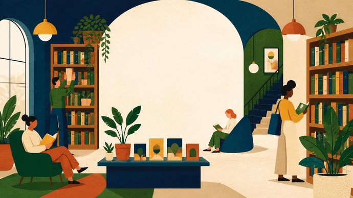 Several people read books and browse shelves in a bright, plant-filled library with books and artwork visible.