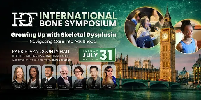 A promotional poster for an international bone symposium in London highlights a July event with speaker portraits, event details, and a backdrop featuring the Houses of Parliament and Big Ben.