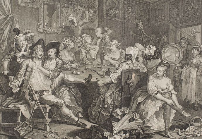 A chaotic 18th-century tavern scene with men and women drinking, laughing, and socializing around a table, surrounded by scattered objects.
