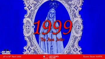 Blue background with an ornate lace frame featuring a statue of Mary. Bold red "1999" text and event details at the bottom.
