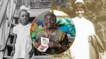 A woman holding a photo collage, with childhood and nurse portraits in the background, symbolizing her life's journey.