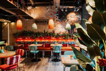 Vibrant restaurant interior with colorful mural, red and teal seating, pendant lights, and lush greenery along the walls.