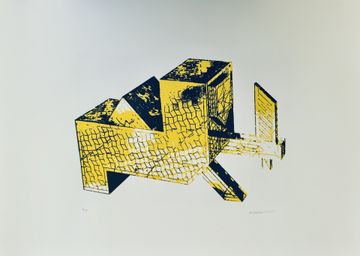 Abstract artwork of geometric shapes resembling a yellow and black structure with textured patterns on a plain background.