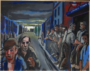 Painting of a dimly lit street with men in shirts and hats standing outside a building. The sky is dark with a hint of light on the horizon.