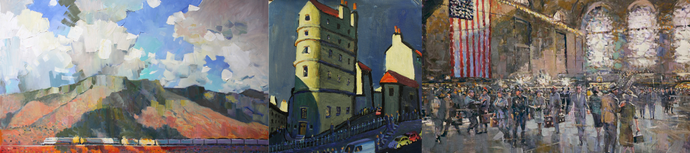 A triptych of paintings: a train in a mountainous landscape, a European-style building, and a bustling train station with a large American flag.