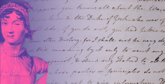 Vintage illustration of a Jane Austen in a bonnet on a pink background, overlaid on handwritten text in cursive.
