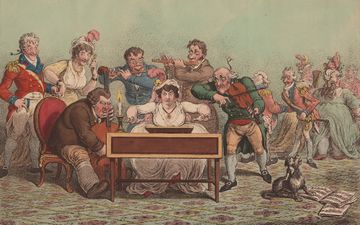 Colorful satirical scene showing a group of musicians crowded around a woman seated at a keyboard instrument, with onlookers in elaborate 18th‑century dress and a small dog beside scattered sheet music