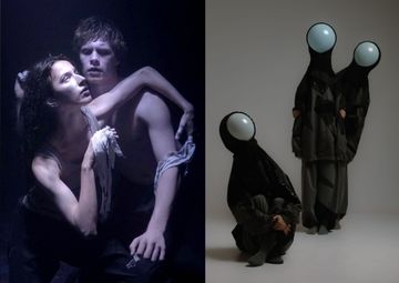 Two contrasting images: left, a dramatic dance pose in dim lighting; right, three figures in dark attire with reflective globes for heads.
