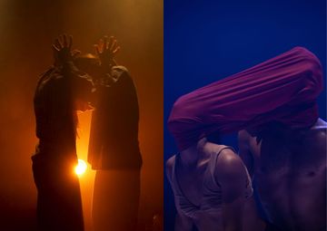 Two artistic images of dancers: one silhouetted against an orange light, the other with red fabric obscuring faces against a blue backdrop.