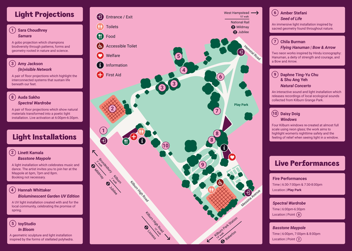 Map of a park with locations for light projections, installations, and live performances noted, alongside amenities like toilets and an entrance.