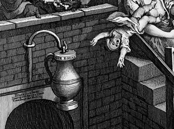 Engraving showing a baby falling headfirst down stone steps next to a large jug labeled 'Gin Royal,' with a brick wall and faucet in the background