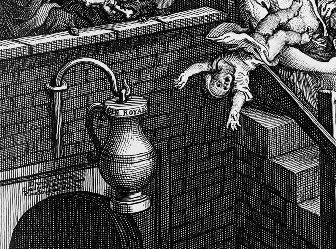 Engraving showing a baby falling headfirst down stone steps next to a large jug labeled 'Gin Royal,' with a brick wall and faucet in the background