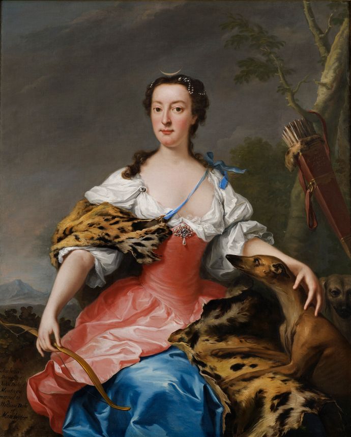 18th‑century style portrait of a woman dressed in a pink and blue gown with a leopard‑skin drape, holding a bow, with a dog beside her and a quiver of arrows in the background