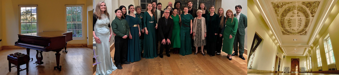 A collage: a grand piano in a sunlit room, a group in formal attire posing, and an ornate hallway with decorative ceiling art.
