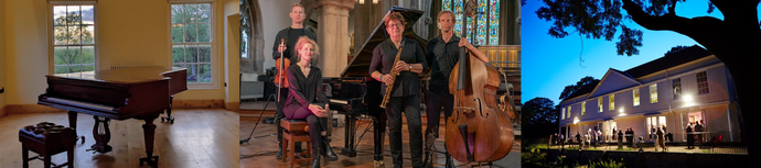 A triptych: a grand piano in a sunlit room, a quartet with instruments in a church, and a lit house at dusk with people on the porch.