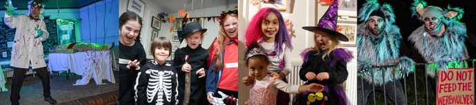 A Halloween party with people in costumes, including a mad scientist, skeleton, witches, and ghouls near a "Do Not Feed the Werewolves" sign.