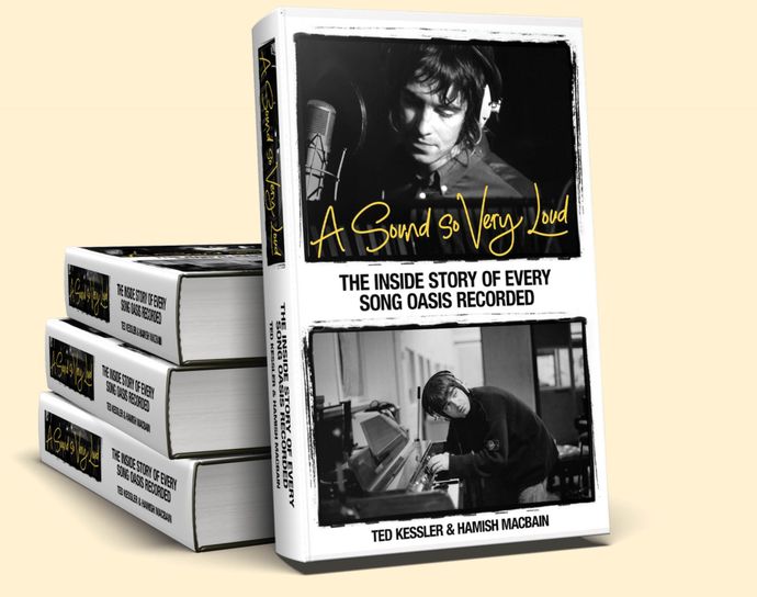 Pile of 3 books with one facing front. It has 2 black and white photos on the front of musicians with headphones on