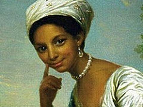 Painting of a woman smiling, wearing white head wrap, pearl necklace and holding bowl of fruit