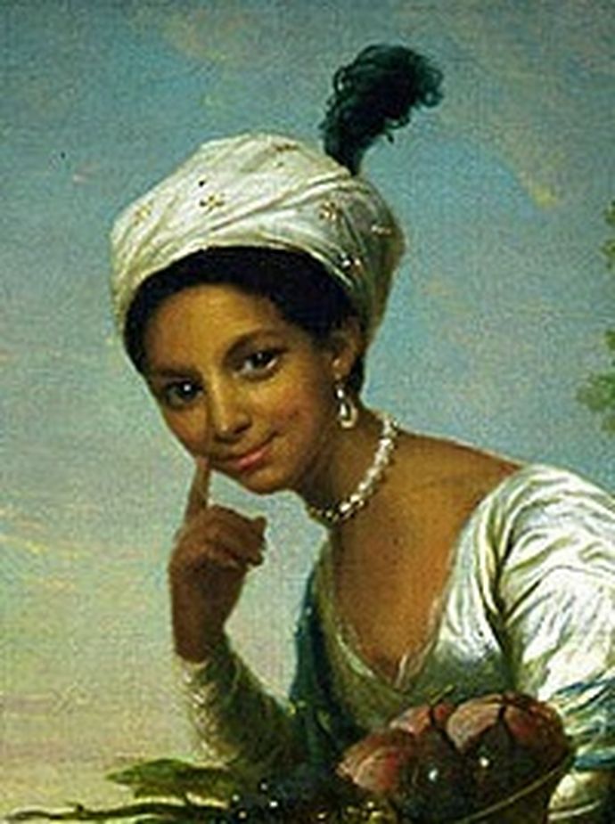 Painting of a woman smiling, wearing white head wrap, pearl necklace and holding bowl of fruit