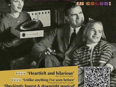 Vintage-style image of a family with a projector, titled "Slideshow in Color!" and featuring positive reviews and a QR code for tickets and info.