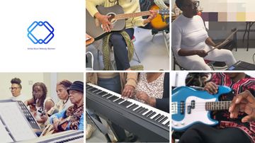 6 images together, one showing blue logo, 5 other images showing people with instruments - guitar, drums, keyboard and electric guitar