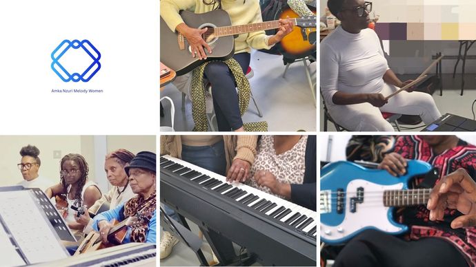 6 images together, one showing blue logo, 5 other images showing people with instruments - guitar, drums, keyboard and electric guitar