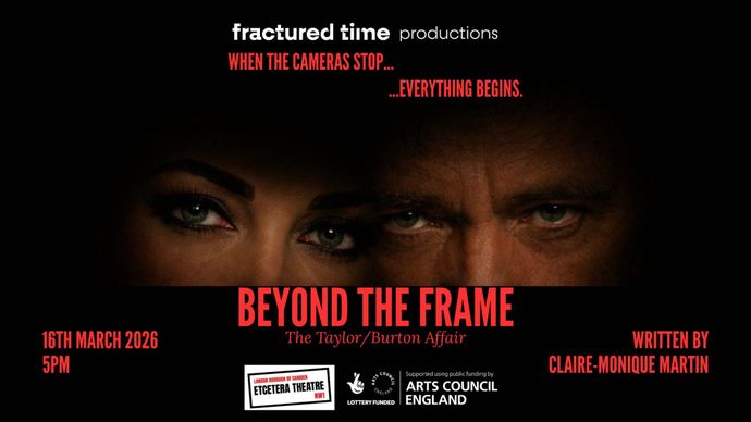 Theater poster for "Beyond the Frame: The Taylor/Burton Affair," featuring eyes of a man and woman. Date: 16th March 2026, 5 PM.