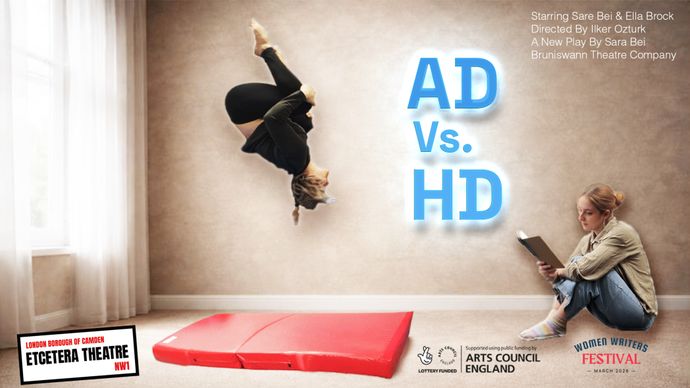 Woman flipping in the air above a red mat indoors, with another seated reading. Text: "AD Vs. HD" and theatre event details on the wall.