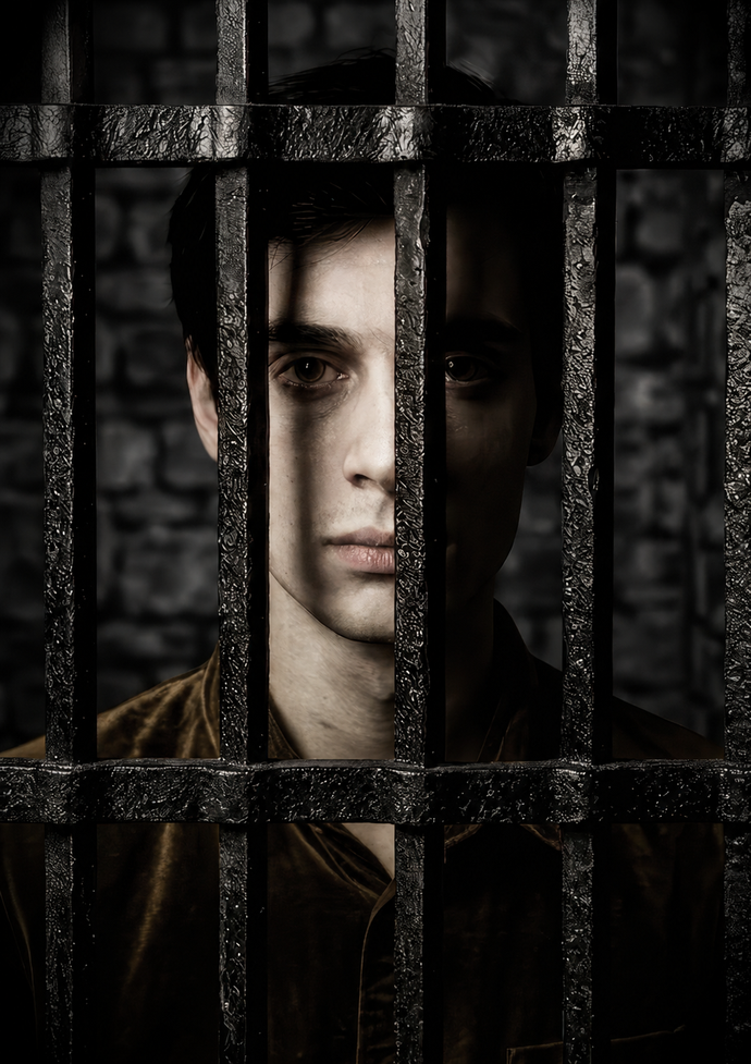 A person stands behind iron bars, face partially lit, with a stone wall in the background.
