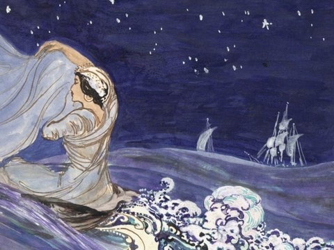 A woman with a flowing veil rides ocean waves under a starlit sky, with ships visible in the distance.