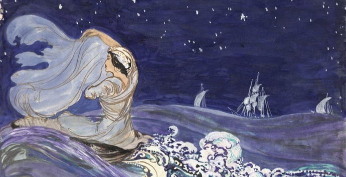 A woman with a flowing veil rides ocean waves under a starlit sky, with ships visible in the distance.